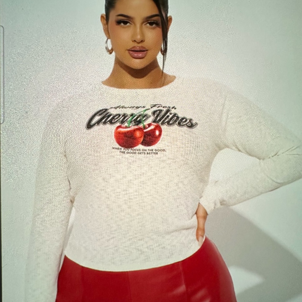 Fashion Nova Cream Ribbed Knit Top - Cherry Vibes - Size 1X